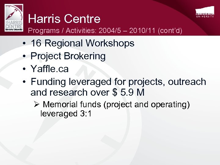 Harris Centre Programs / Activities: 2004/5 – 2010/11 (cont’d) • • 16 Regional Workshops