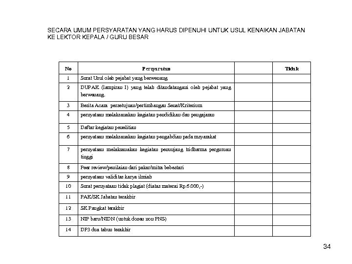 SECARA UMUM PERSYARATAN YANG HARUS DIPENUHI UNTUK USUL KENAIKAN JABATAN KE LEKTOR KEPALA /