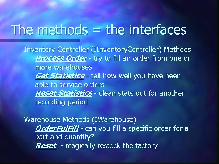 The methods = the interfaces Inventory Controller (IInventory. Controller) Methods Process Order - try