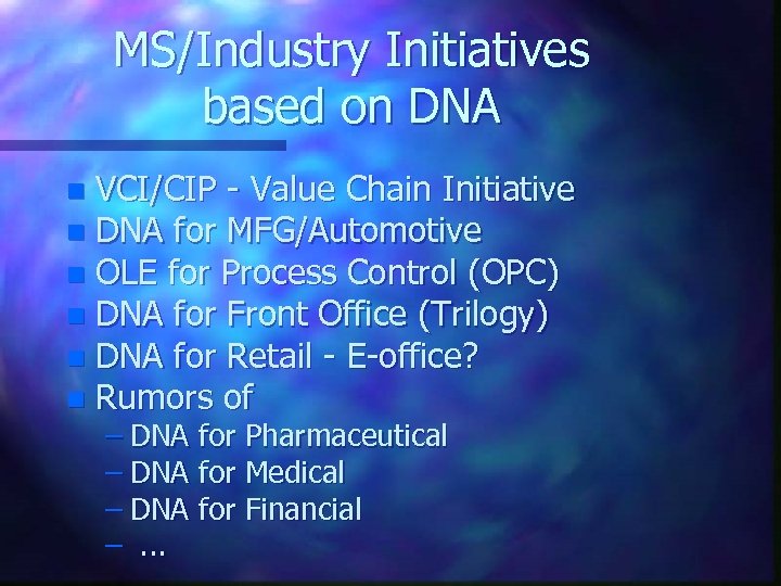 MS/Industry Initiatives based on DNA VCI/CIP - Value Chain Initiative n DNA for MFG/Automotive