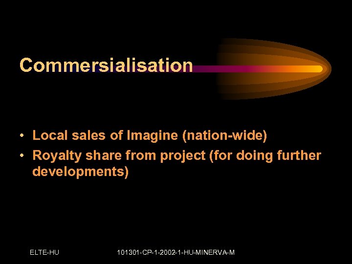 Commersialisation • Local sales of Imagine (nation-wide) • Royalty share from project (for doing