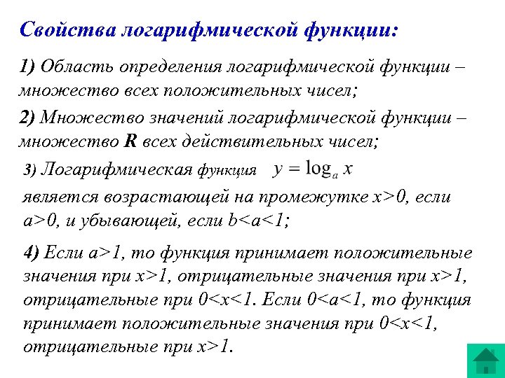 Свойства логарифмической функции: 1) Область определения логарифмической функции – множество всех положительных чисел; 2)