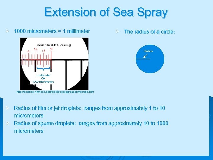 Extension of Sea Spray Ø 1000 micrometers = 1 millimeter Ø The radius of