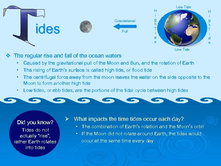 ides Gravitational Pull H i g h T i d e Low Tide v