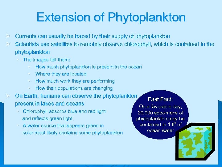 Extension of Phytoplankton Ø Currents can usually be traced by their supply of phytoplankton