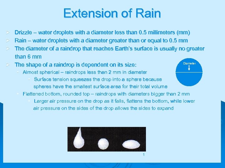 Extension of Rain Ø Drizzle – water droplets with a diameter less than 0.
