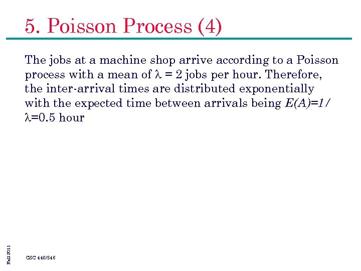 5. Poisson Process (4) Fall 2011 The jobs at a machine shop arrive according