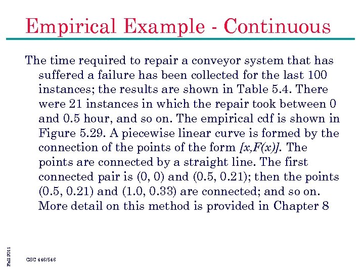 Empirical Example - Continuous Fall 2011 The time required to repair a conveyor system