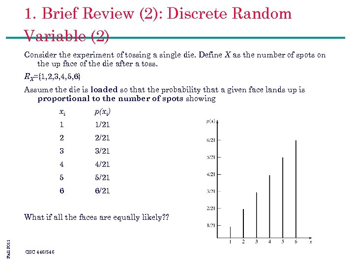 1. Brief Review (2): Discrete Random Variable (2) Consider the experiment of tossing a