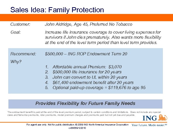 Sales Idea: Family Protection Customer: John Aldridge, Age 45, Preferred No Tobacco Goal: Increase