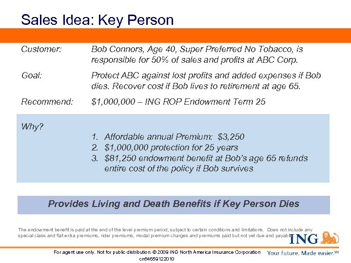 Sales Idea: Key Person Customer: Bob Connors, Age 40, Super Preferred No Tobacco, is