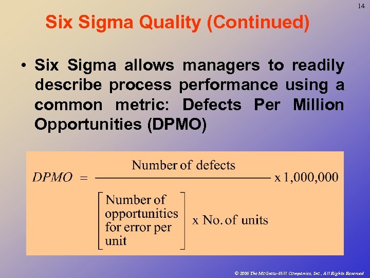 14 Six Sigma Quality (Continued) • Six Sigma allows managers to readily describe process