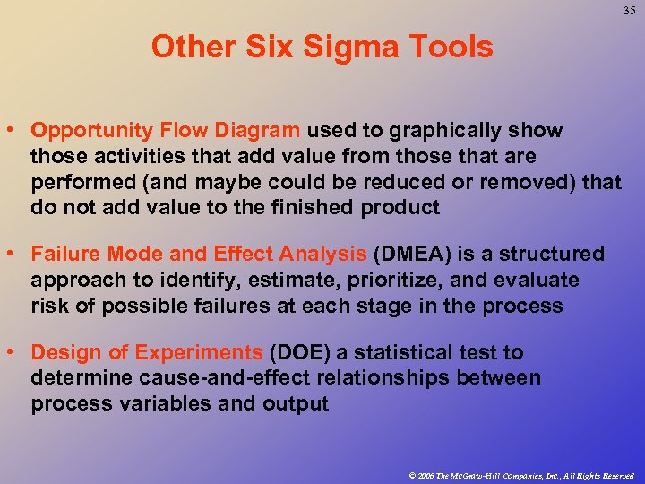 35 Other Six Sigma Tools • Opportunity Flow Diagram used to graphically show those