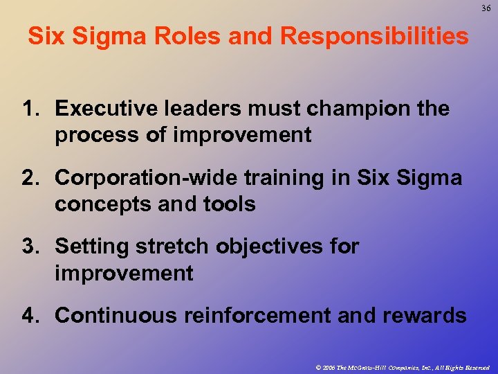 36 Six Sigma Roles and Responsibilities 1. Executive leaders must champion the process of