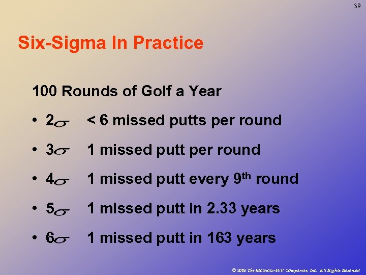 39 Six-Sigma In Practice 100 Rounds of Golf a Year • 2 < 6
