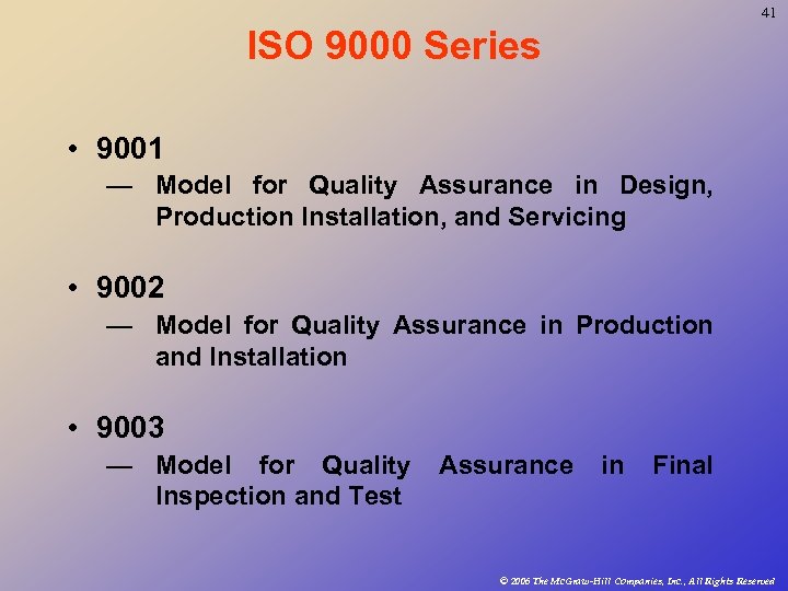 41 ISO 9000 Series • 9001 — Model for Quality Assurance in Design, Production