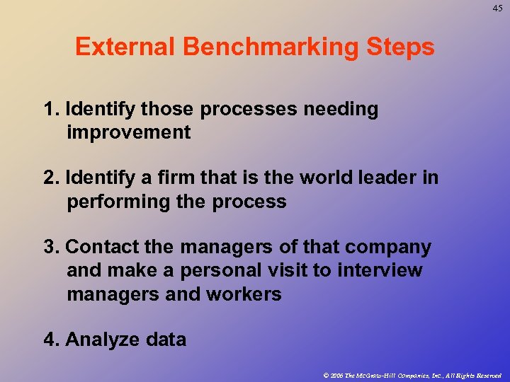 45 External Benchmarking Steps 1. Identify those processes needing improvement 2. Identify a firm