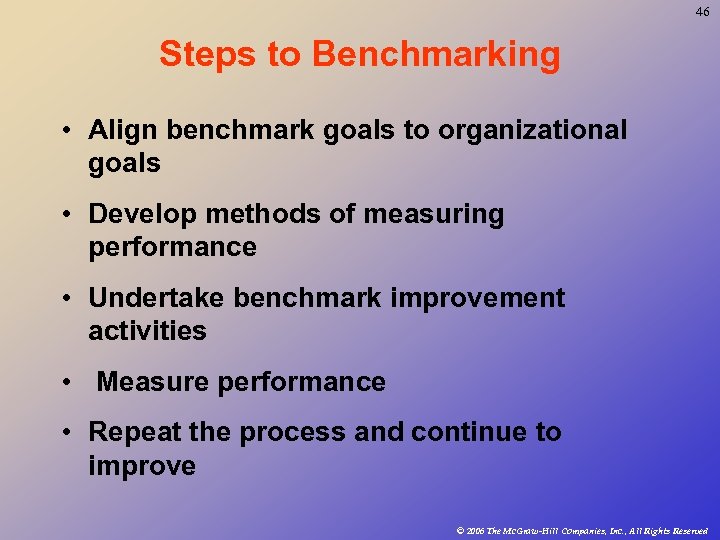 46 Steps to Benchmarking • Align benchmark goals to organizational goals • Develop methods