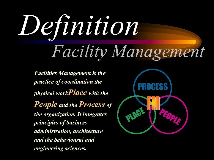 Definition Facility Management Facilities Management is the practice of coordination the PROCESS physical work.
