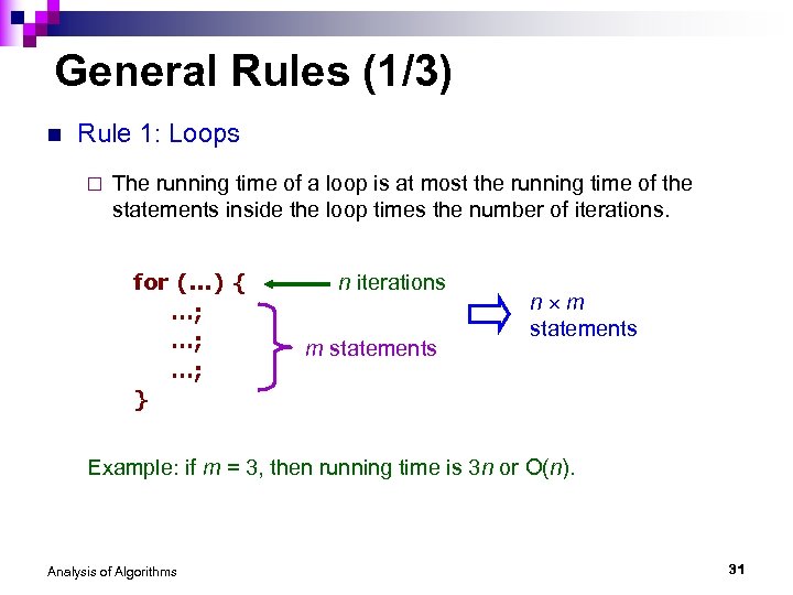 General Rules (1/3) n Rule 1: Loops ¨ The running time of a loop
