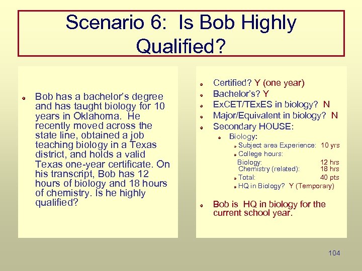 Scenario 6: Is Bob Highly Qualified? Bob has a bachelor’s degree and has taught