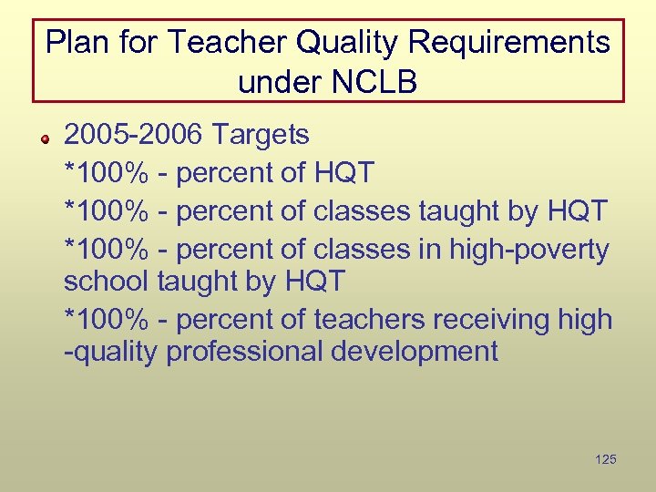 Plan for Teacher Quality Requirements under NCLB 2005 -2006 Targets *100% - percent of