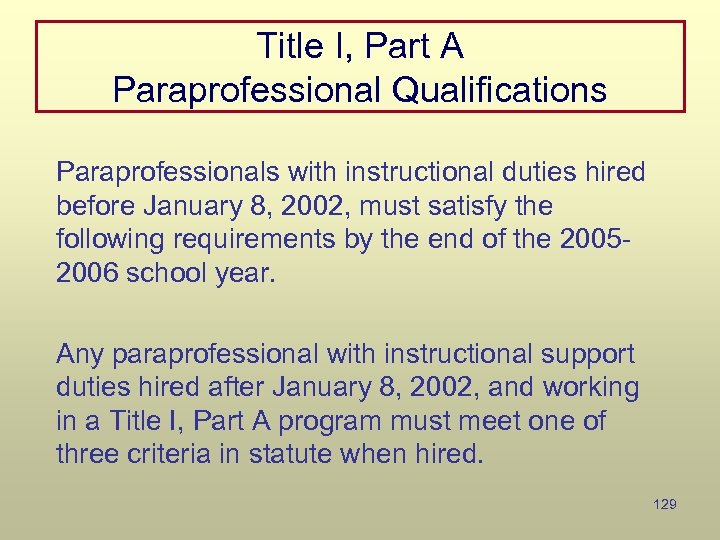 Title I, Part A Paraprofessional Qualifications Paraprofessionals with instructional duties hired before January 8,