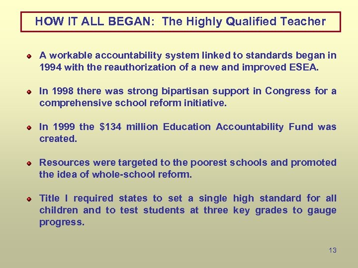 HOW IT ALL BEGAN: The Highly Qualified Teacher A workable accountability system linked to