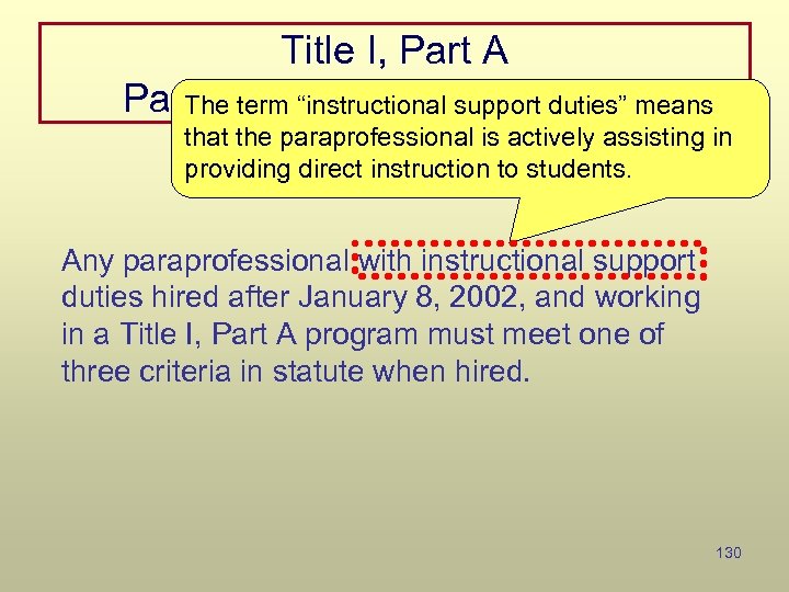 Title I, Part A Paraprofessional Qualifications The term “instructional support duties” means that the