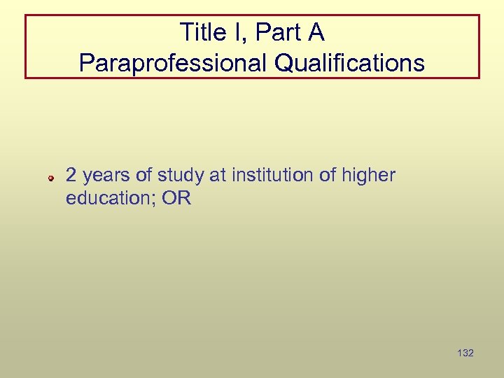 Title I, Part A Paraprofessional Qualifications 2 years of study at institution of higher