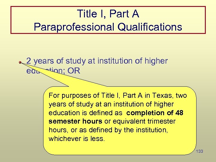 Title I, Part A Paraprofessional Qualifications 2 years of study at institution of higher