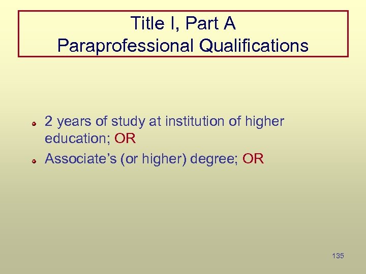 Title I, Part A Paraprofessional Qualifications 2 years of study at institution of higher