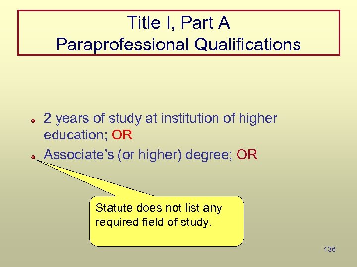 Title I, Part A Paraprofessional Qualifications 2 years of study at institution of higher