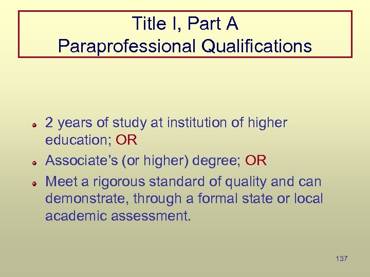 Title I, Part A Paraprofessional Qualifications 2 years of study at institution of higher