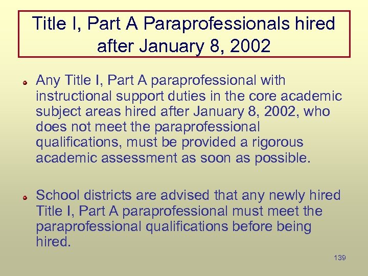 Title I, Part A Paraprofessionals hired after January 8, 2002 Any Title I, Part