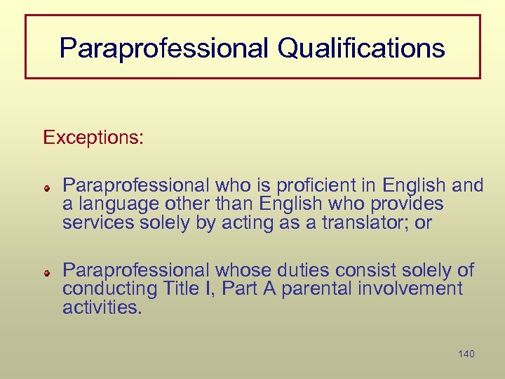 Paraprofessional Qualifications Exceptions: Paraprofessional who is proficient in English and a language other than