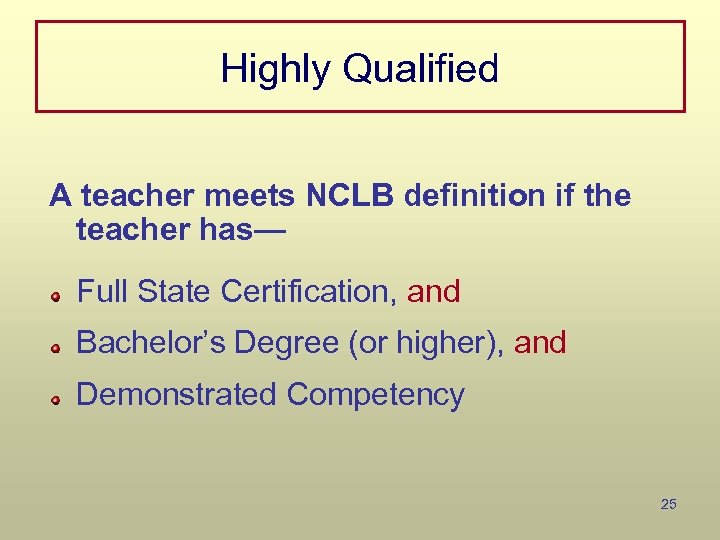 Highly Qualified A teacher meets NCLB definition if the teacher has— Full State Certification,