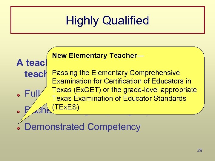 Highly Qualified New Elementary Teacher— A teacher meets NCLB definition if the Passing the