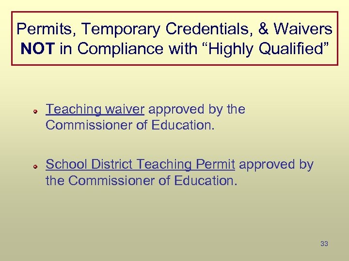 Permits, Temporary Credentials, & Waivers NOT in Compliance with “Highly Qualified” Teaching waiver approved