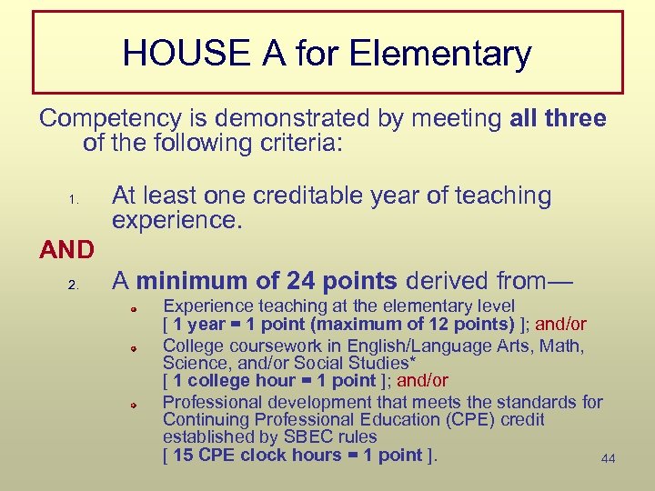 HOUSE A for Elementary Competency is demonstrated by meeting all three of the following