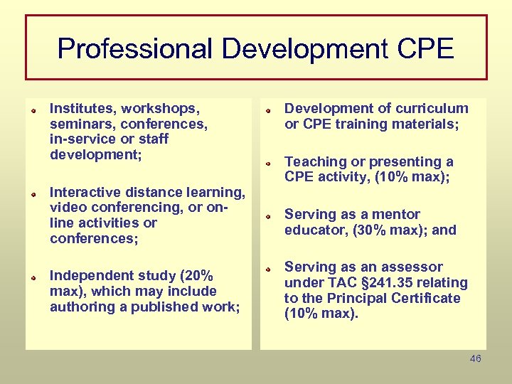 Professional Development CPE Institutes, workshops, seminars, conferences, in-service or staff development; Interactive distance learning,