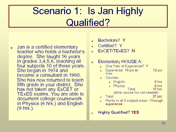 Scenario 1: Is Jan Highly Qualified? Jan is a certified elementary teacher who holds