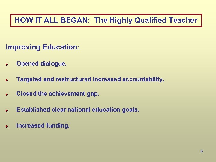 HOW IT ALL BEGAN: The Highly Qualified Teacher Improving Education: Opened dialogue. Targeted and