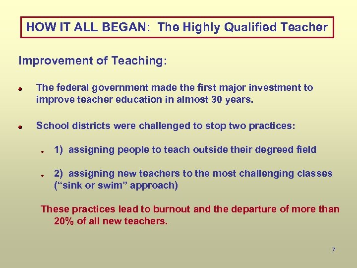 HOW IT ALL BEGAN: The Highly Qualified Teacher Improvement of Teaching: The federal government