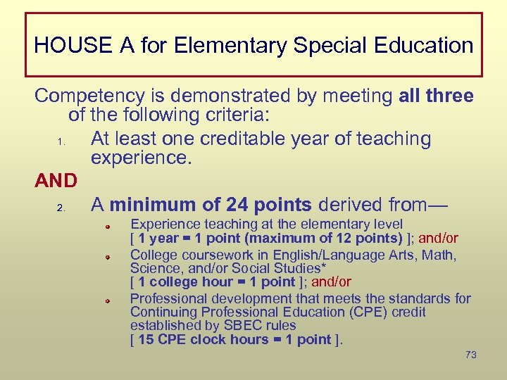 HOUSE A for Elementary Special Education Competency is demonstrated by meeting all three of