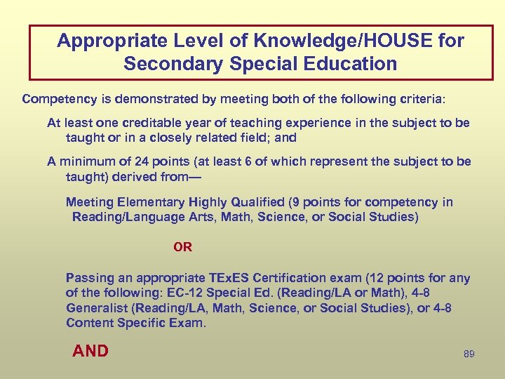 Appropriate Level of Knowledge/HOUSE for Secondary Special Education Competency is demonstrated by meeting both