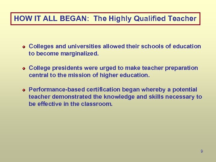 HOW IT ALL BEGAN: The Highly Qualified Teacher Colleges and universities allowed their schools