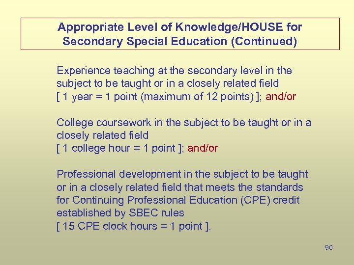 Appropriate Level of Knowledge/HOUSE for Secondary Special Education (Continued) Experience teaching at the secondary