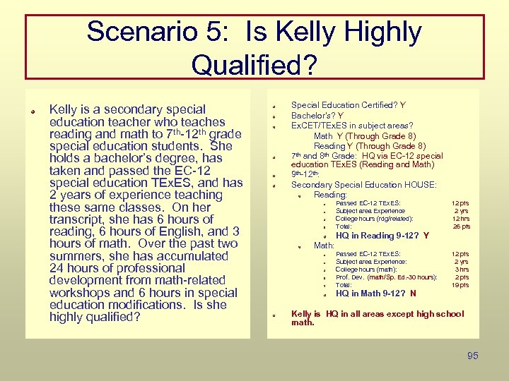 Scenario 5: Is Kelly Highly Qualified? Kelly is a secondary special education teacher who