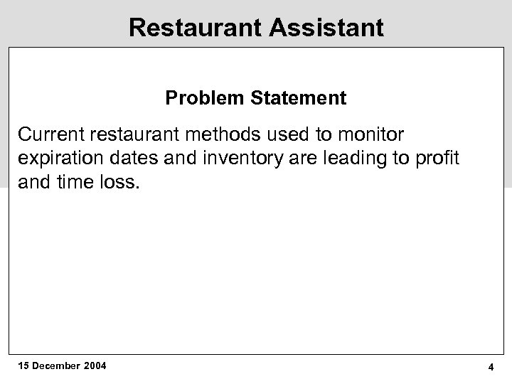 Restaurant Assistant Problem Statement Current restaurant methods used to monitor expiration dates and inventory